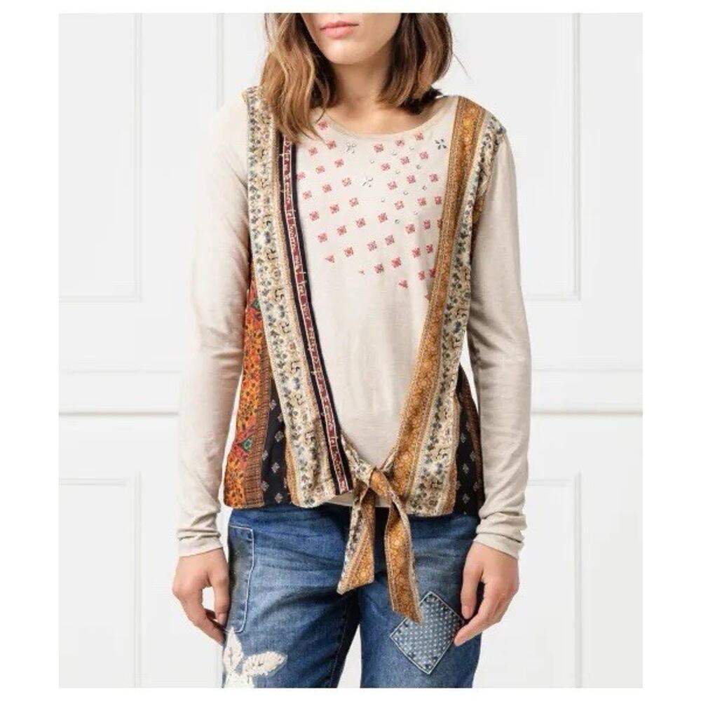 Desigual Mixed Print Tie Front Long Sleeve Top Womens S Small Boho Patchwork Art